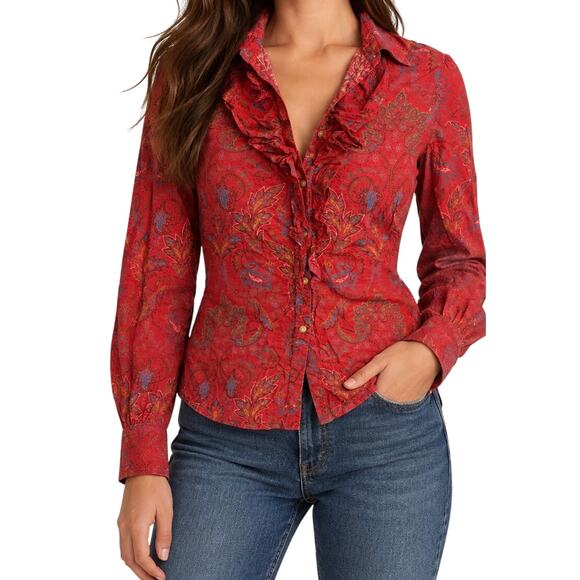 Lauren Jeans Co. Tops - Lauren Jeans Co Ralph Lauren Women’s Red Paisley Ruffle Blouse Boho Western
